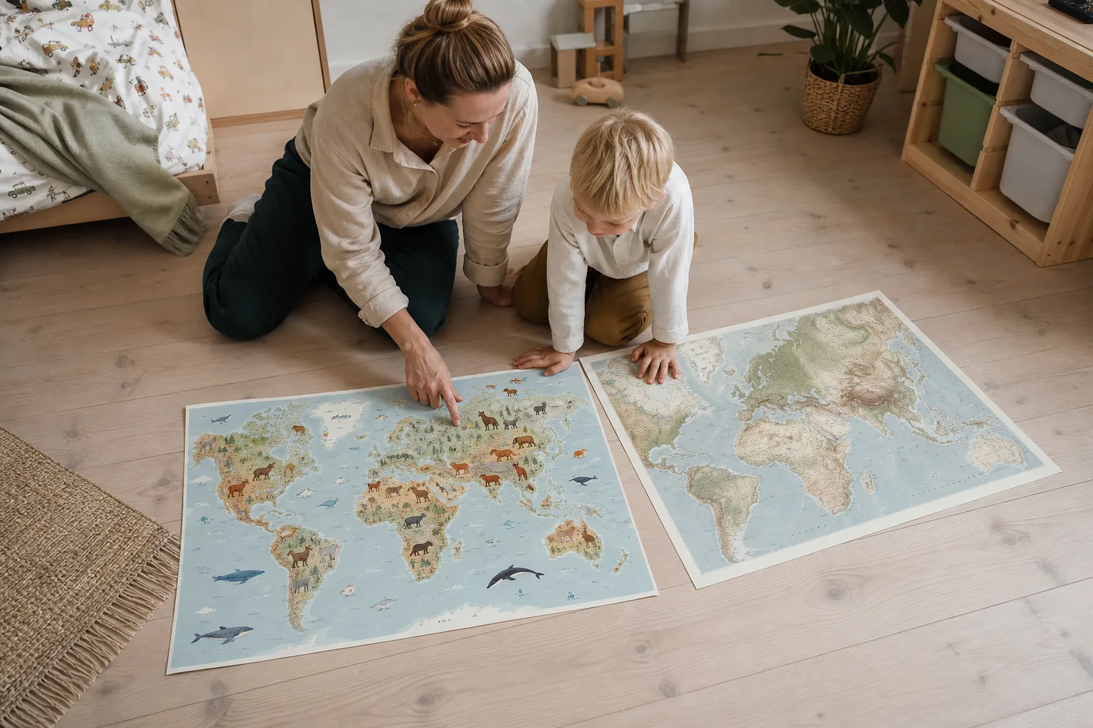 Redaktionell bild till guiden kartposter till barnrummet: världskarta och landskarta för barn