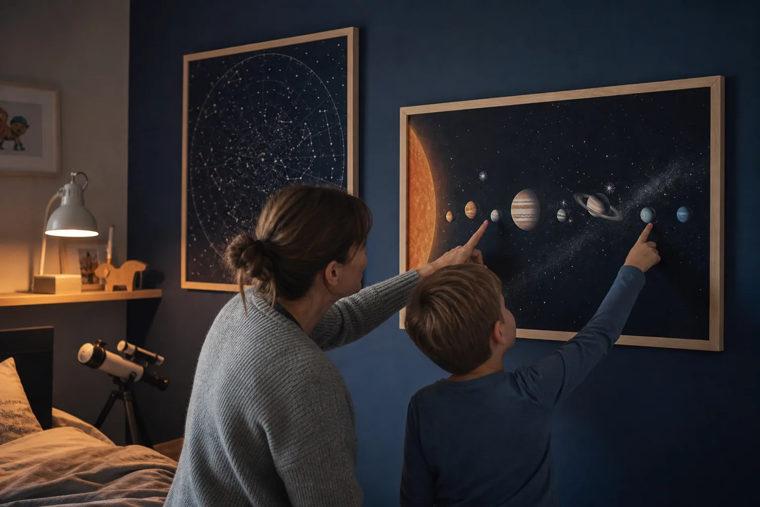 Redaktionell bild till guiden rymdposter till barnrummet: planeter, raketer och stjärnhimmel