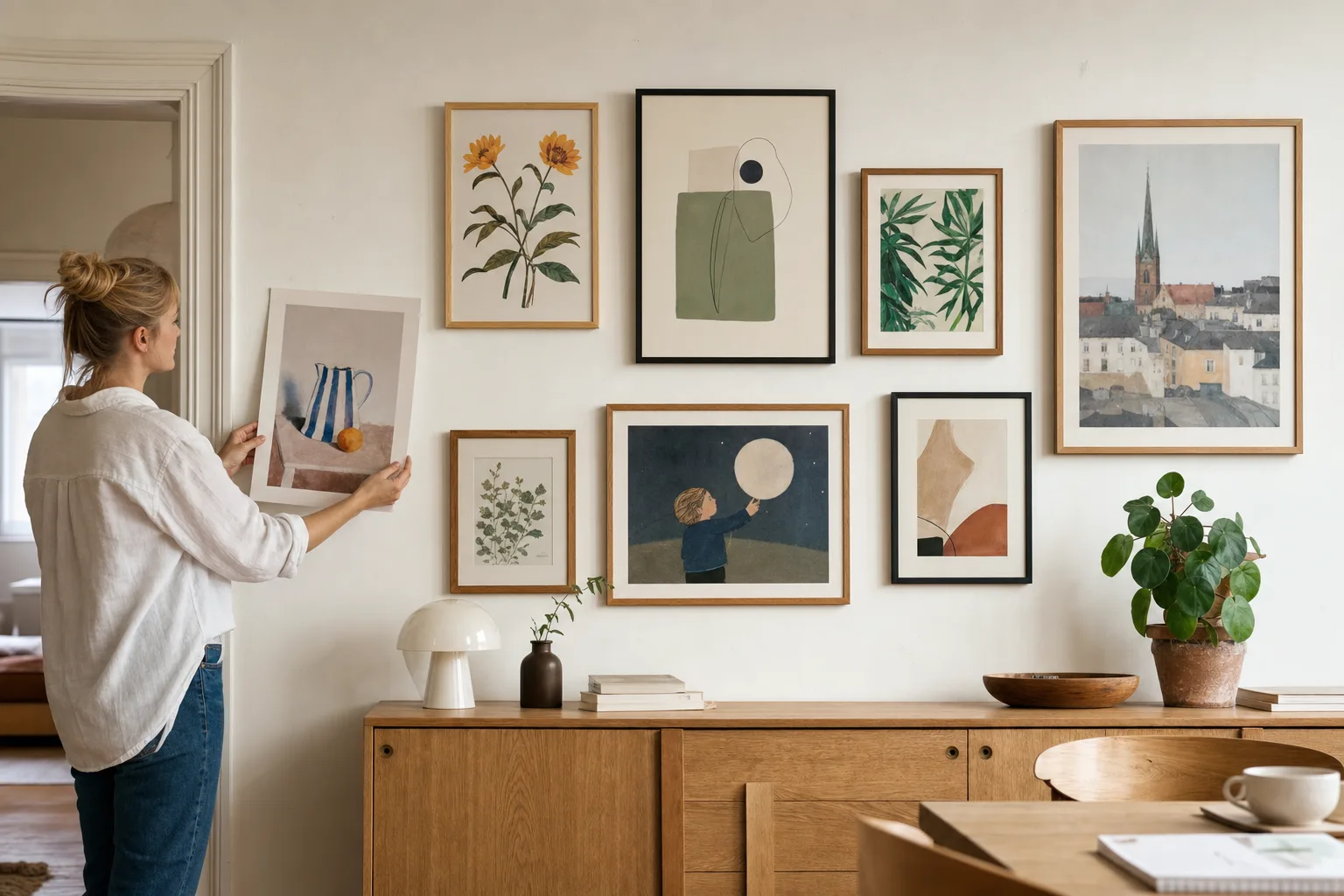 Inramade posters i ett varmt, skandinaviskt vardagsrum