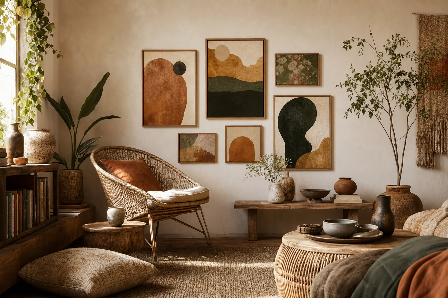 Redaktionell bild till guiden boho-posters på tavelväggen